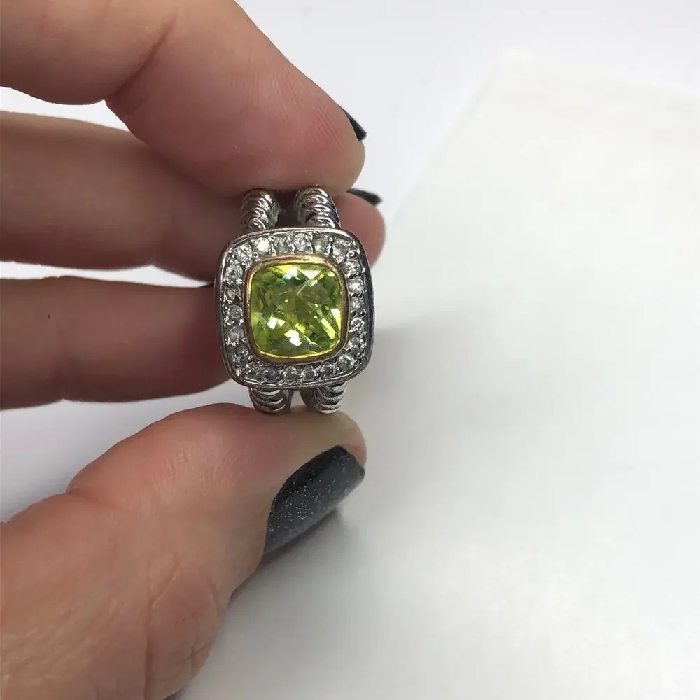 Ring Fashion Double Twisted Silver Tone Band Large Halo Square Stone Green 7